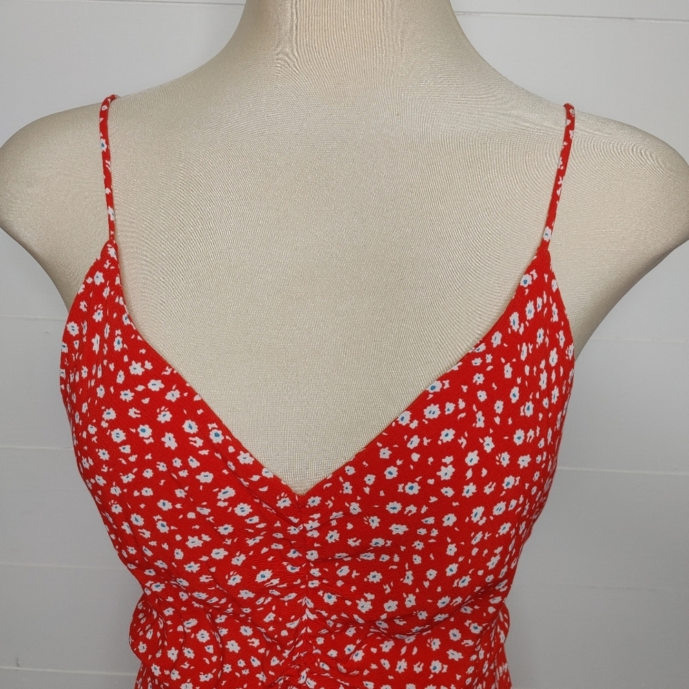 Zara Red Floral Ruched Ruffle Mini Dress Size S - Picture 3 of 12